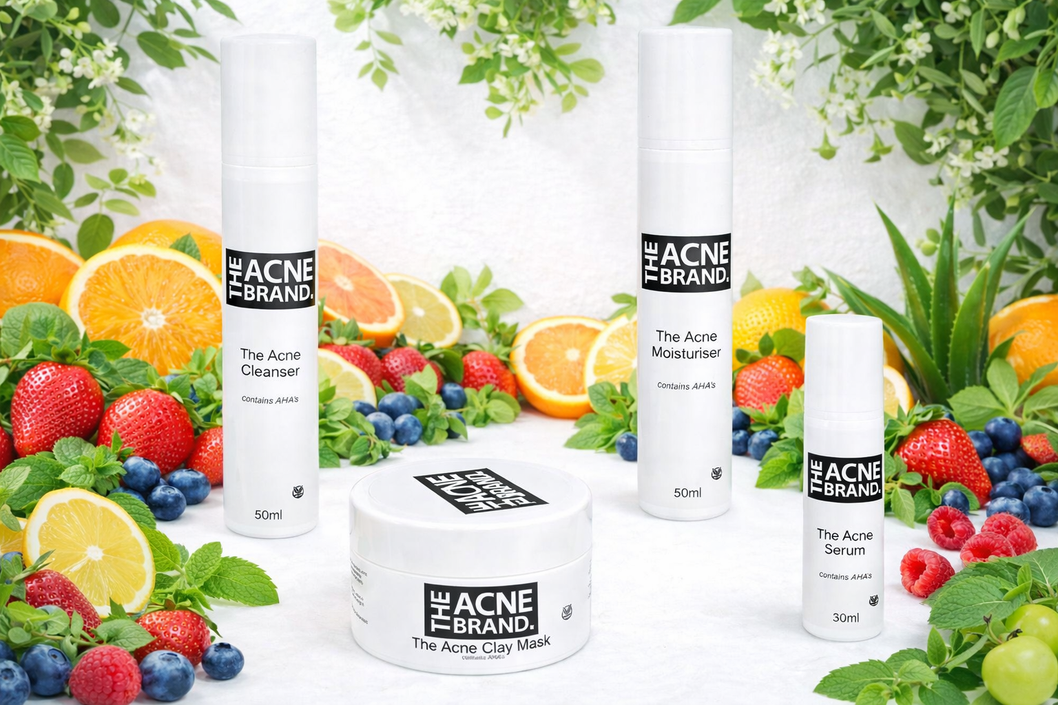 Acne treatment products with fruits and vegetables on a white background